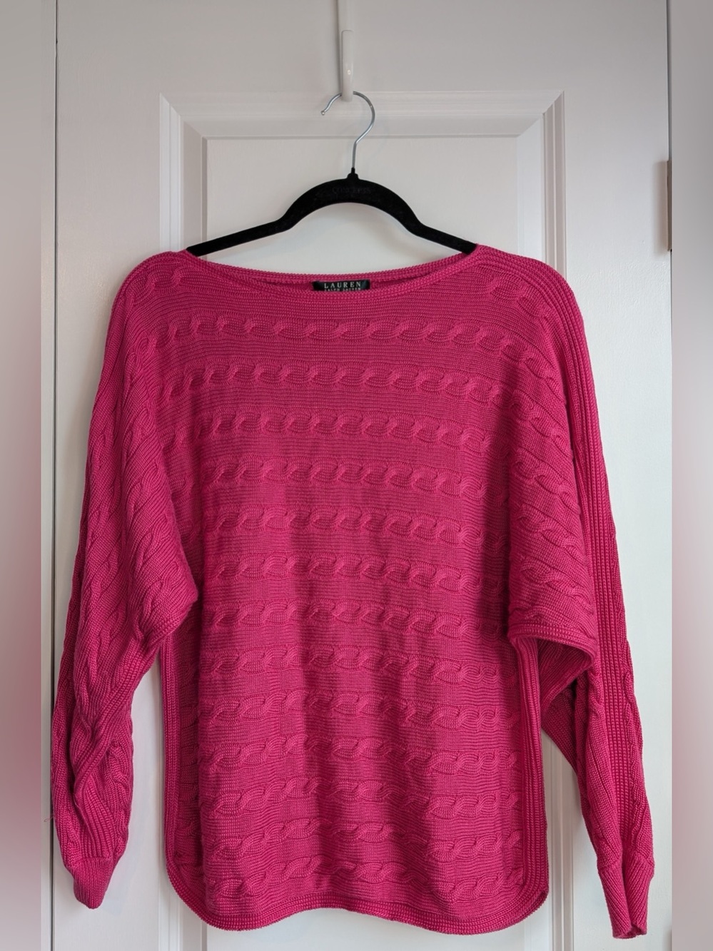 Lauren Ralph Lauren Cable Knit 3/4 Sleeve  Boatneck Sweater Fuscia Size M